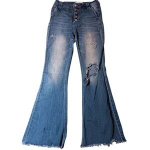 Kancan Womens 7/27 Jeans Estilo Mid Rise Button Fly Bellbottom Distress 28x32